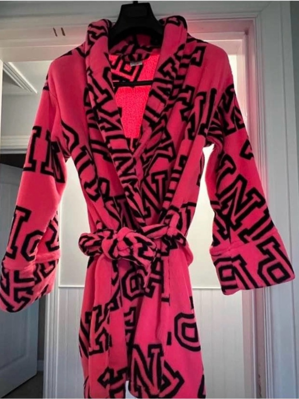 Women's Plush Pink & Black Logo Robe - Cozy Wrap Bathrobe